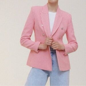 Chic Pink Gingham Women Blazer